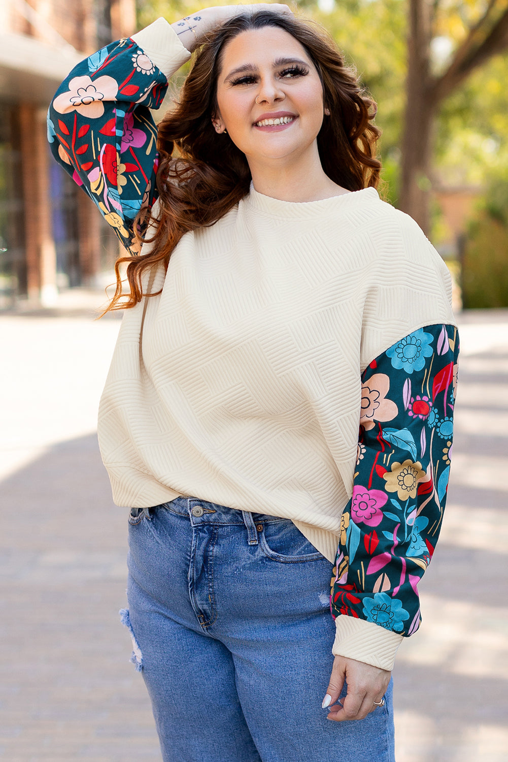 Stacey B's White Floral Patchwork Sleeve Textured Plus Size Pullover Top