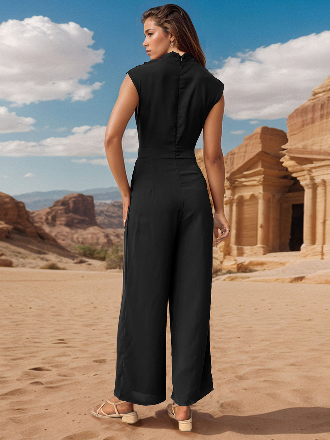 Stacey B's Ruched Mock Neck Sleeveless Jumpsuit