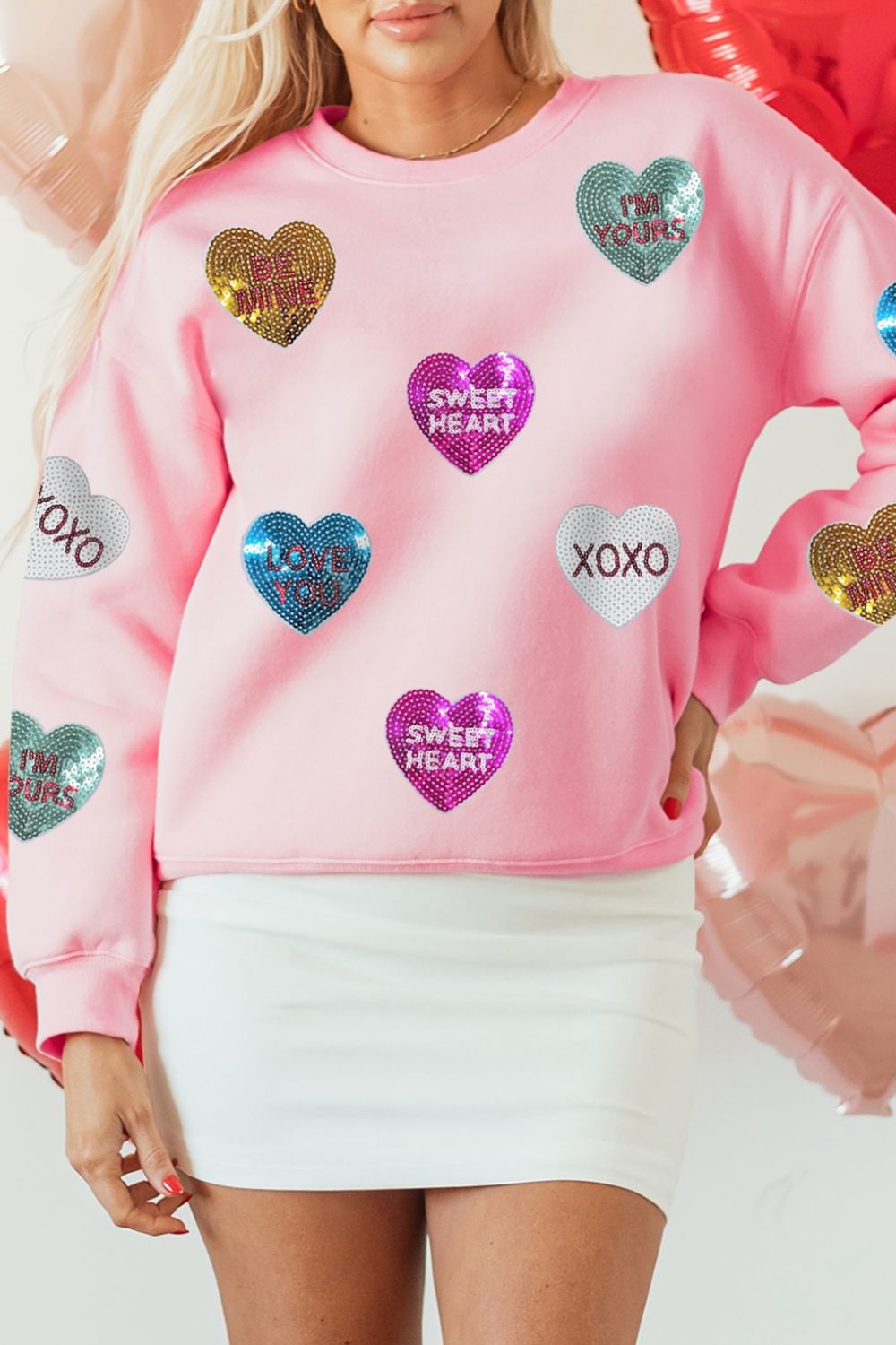 Stacey B's Valentine’s Day Sequin Heart Round Neck Long Sleeve Sweatshirt