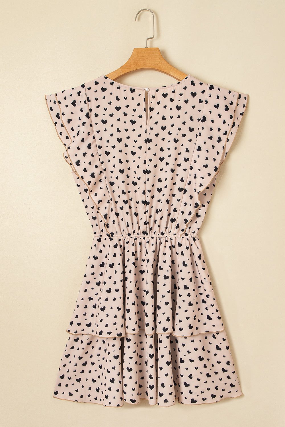 Stacey B's Khaki Heart Printed Flutter Sleeve Cinched Waist Tiered Ruffle Mini Dress