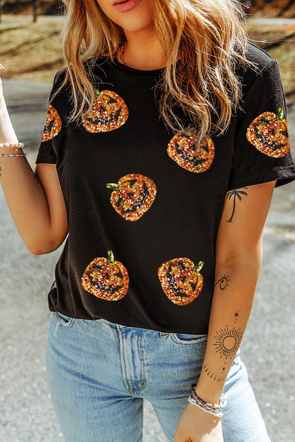 Stacey B's Black Sequin Pumpkin Face Halloween T Shirt