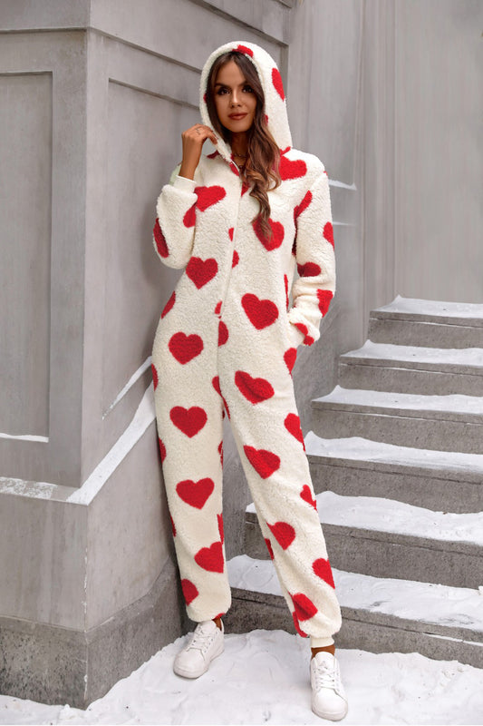 Stacey B's Fuzzy Heart Zip Up Hooded Lounge Jumpsuit