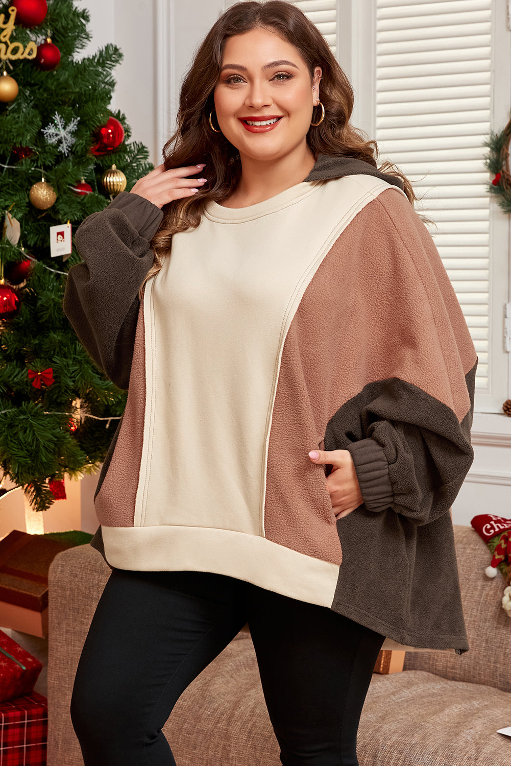 Stacey B's Brown Exposed Seam Colorblock Plus Size Hoodie