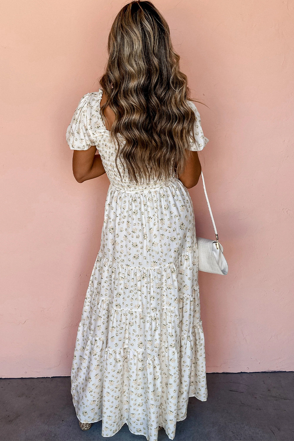 Stacey B's White Frill Neckline Shirred Bodice Floral Maxi Dress