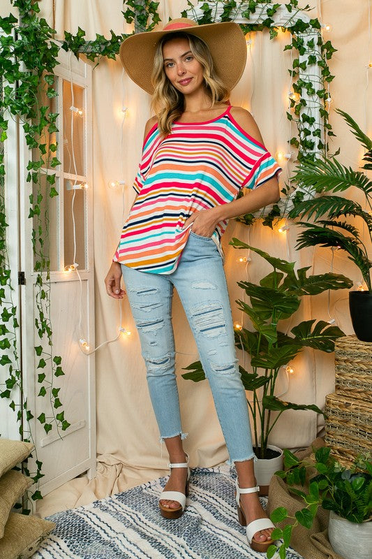 Stacey B's Plus  Multistripe Cold Shoulder Top