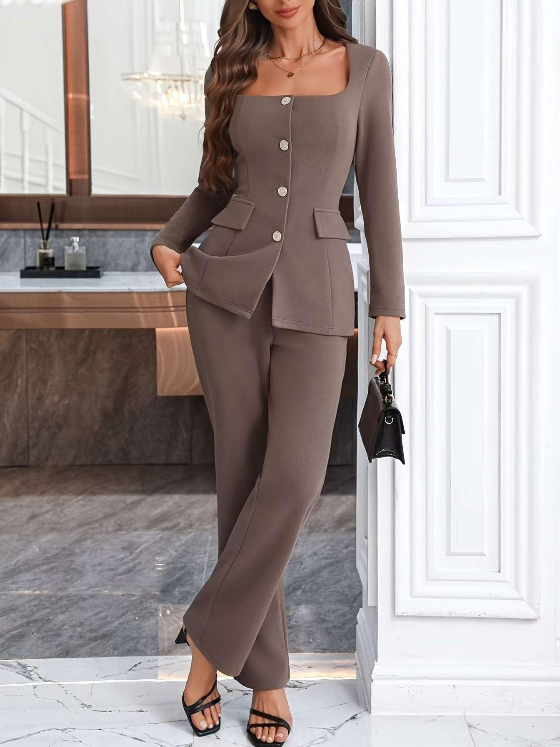 Stacey B's Square Neck Button Up Blazer and Pants Set