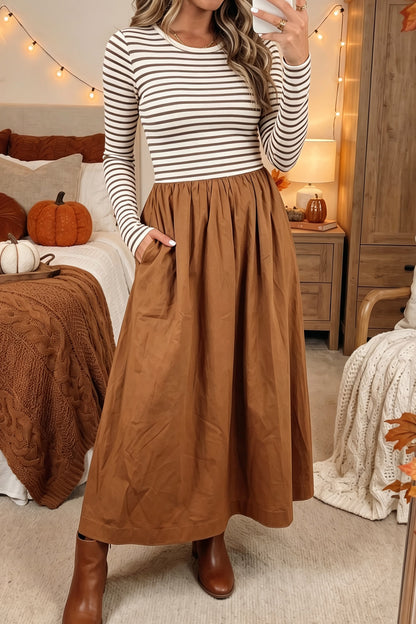 Stacey B's Brown Stripe Ribbed Knit Long Sleeve Bodice Contrast Patchwork Flared Dress
