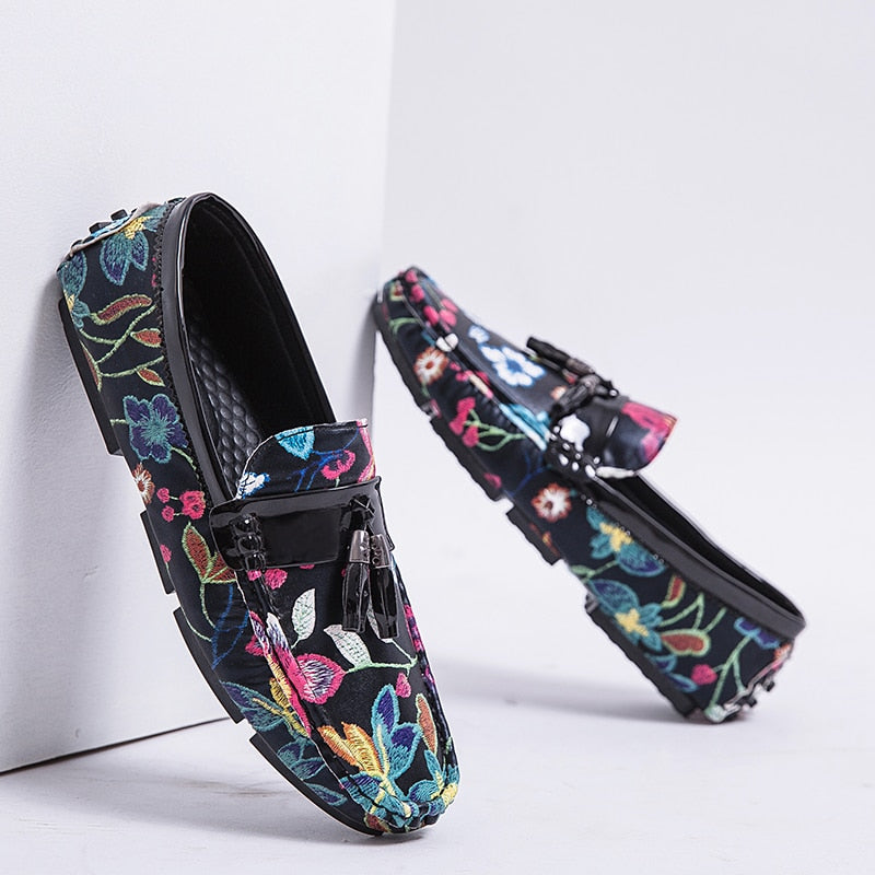 Stacey B's Casual Shoes for Men Summer Flower Shoes Fashionable Floral Black Loafers Men