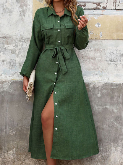 Stacey B's Collared Neck Long Sleeve Midi Shirt Dress