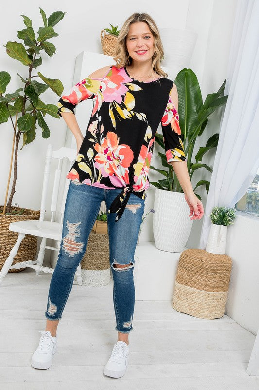 Stacey B's Plus Floral Print Cold Shoulder Top