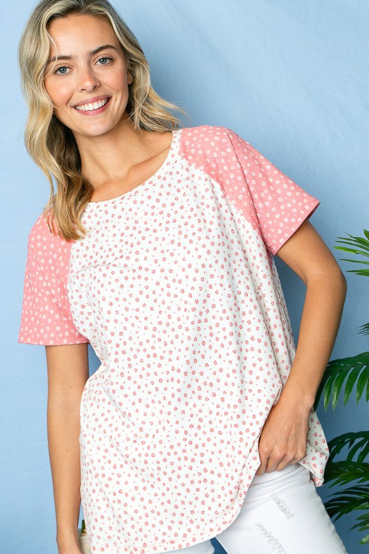 Stacey B's Plus Dizzy Floral  Rib Mixed Top