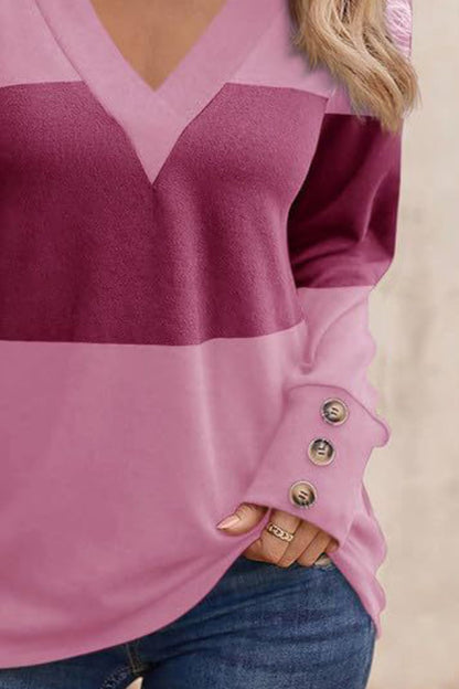 Stacey B's Decorative Button Contrast V-Neck Long Sleeve T-Shirt
