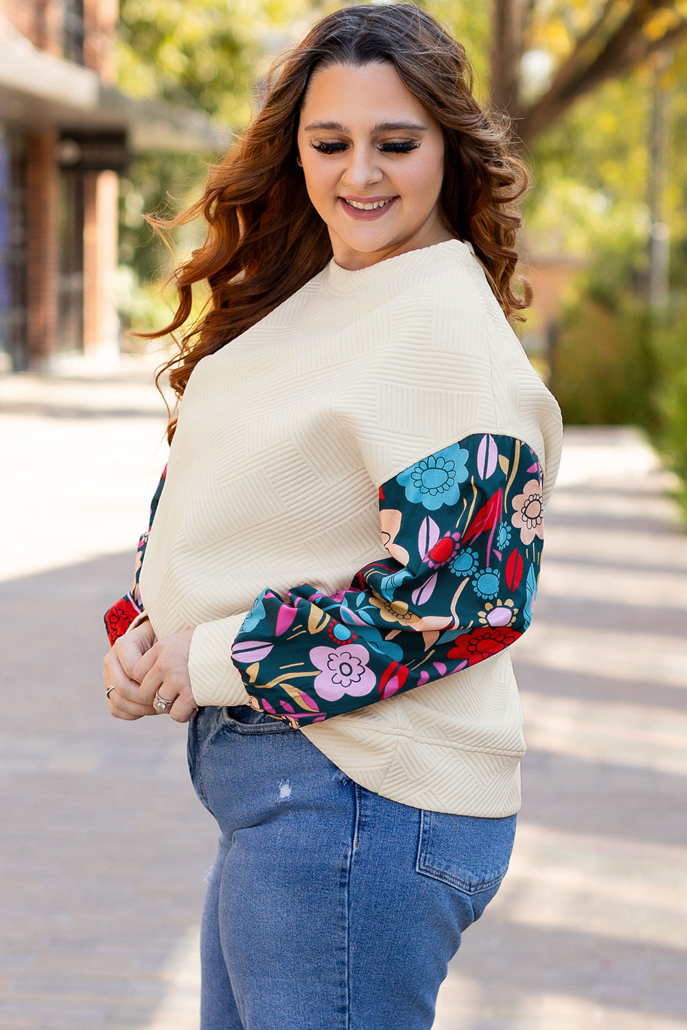 Stacey B's White Floral Patchwork Sleeve Textured Plus Size Pullover Top