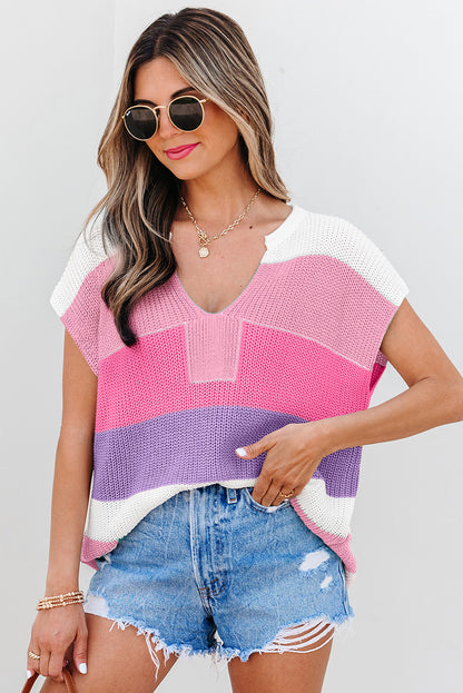 Stacey B's Pink Color Block Notch V Neck Sweater T Shirt