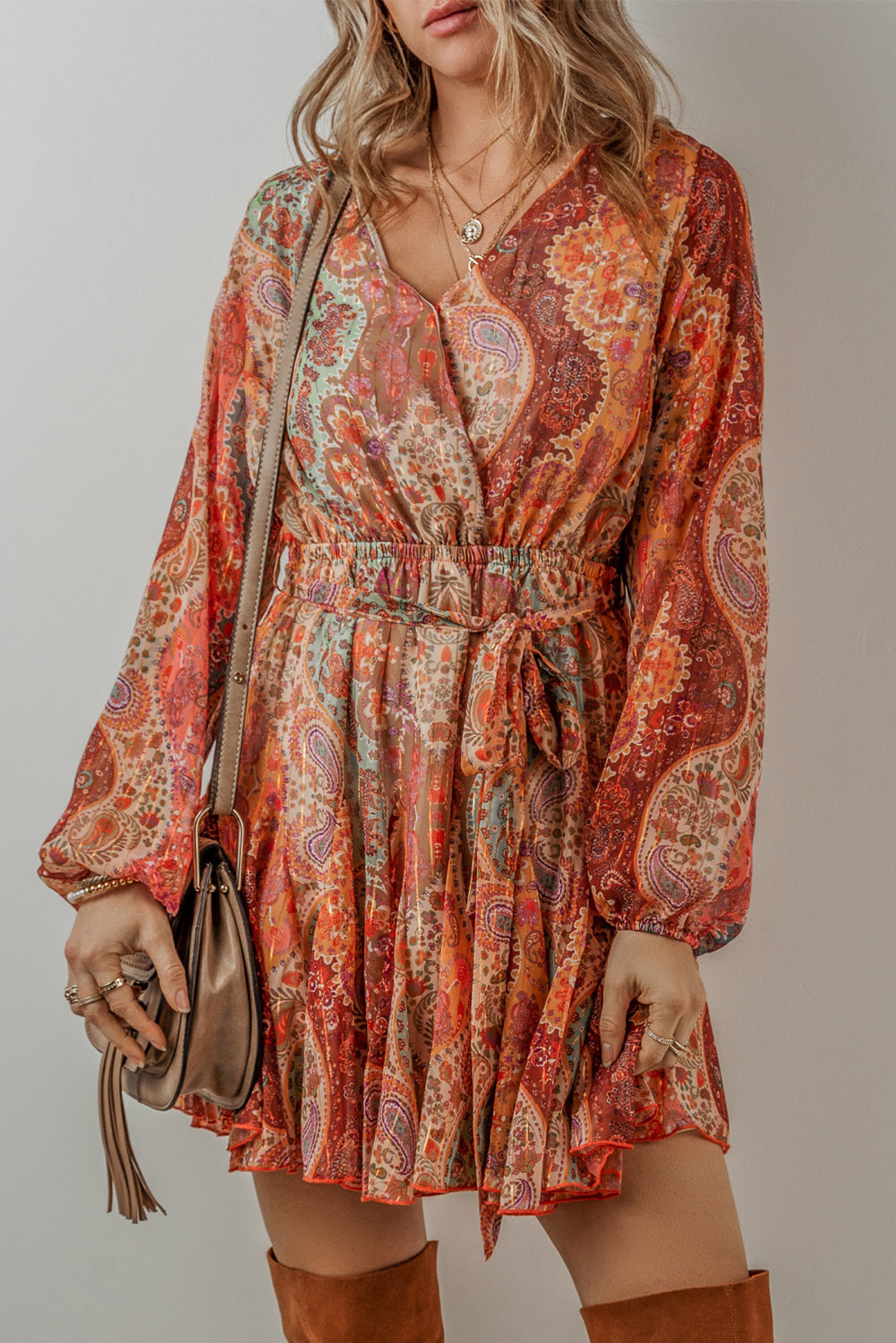 Stacey B's Orange Boho Paisley Print Long Sleeve Pleated Belted Mini Dress