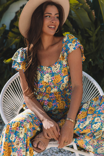 Stacey B's Yellow Floral Allover Print Shirred Cut Out High Waist Jumpsuit