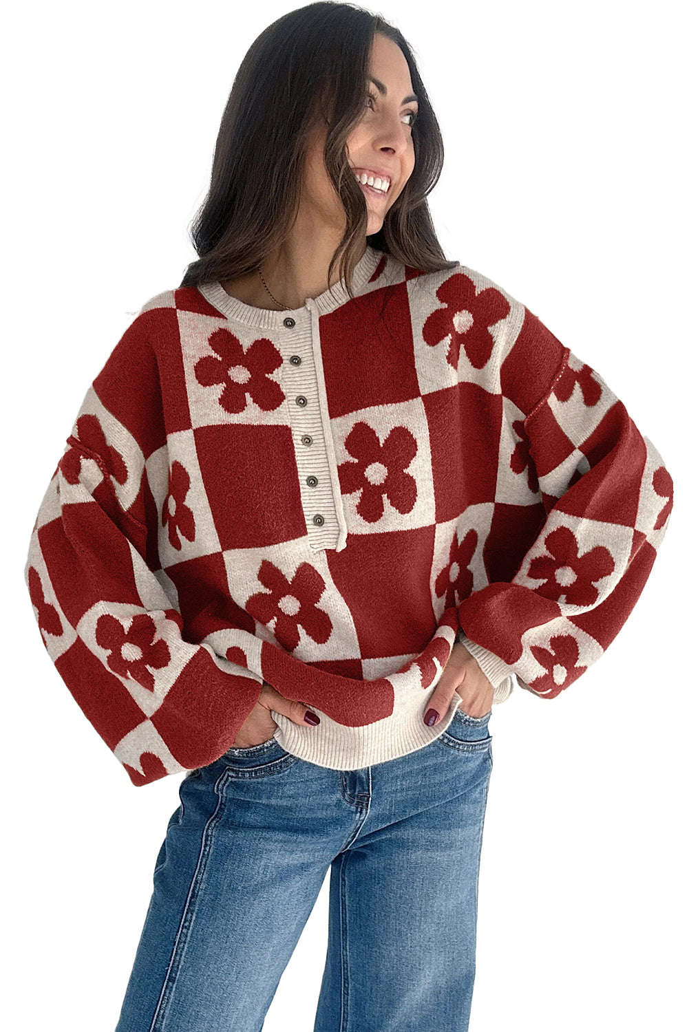 Stacey B's Black Flower Colorblock Checkered Henley Sweater