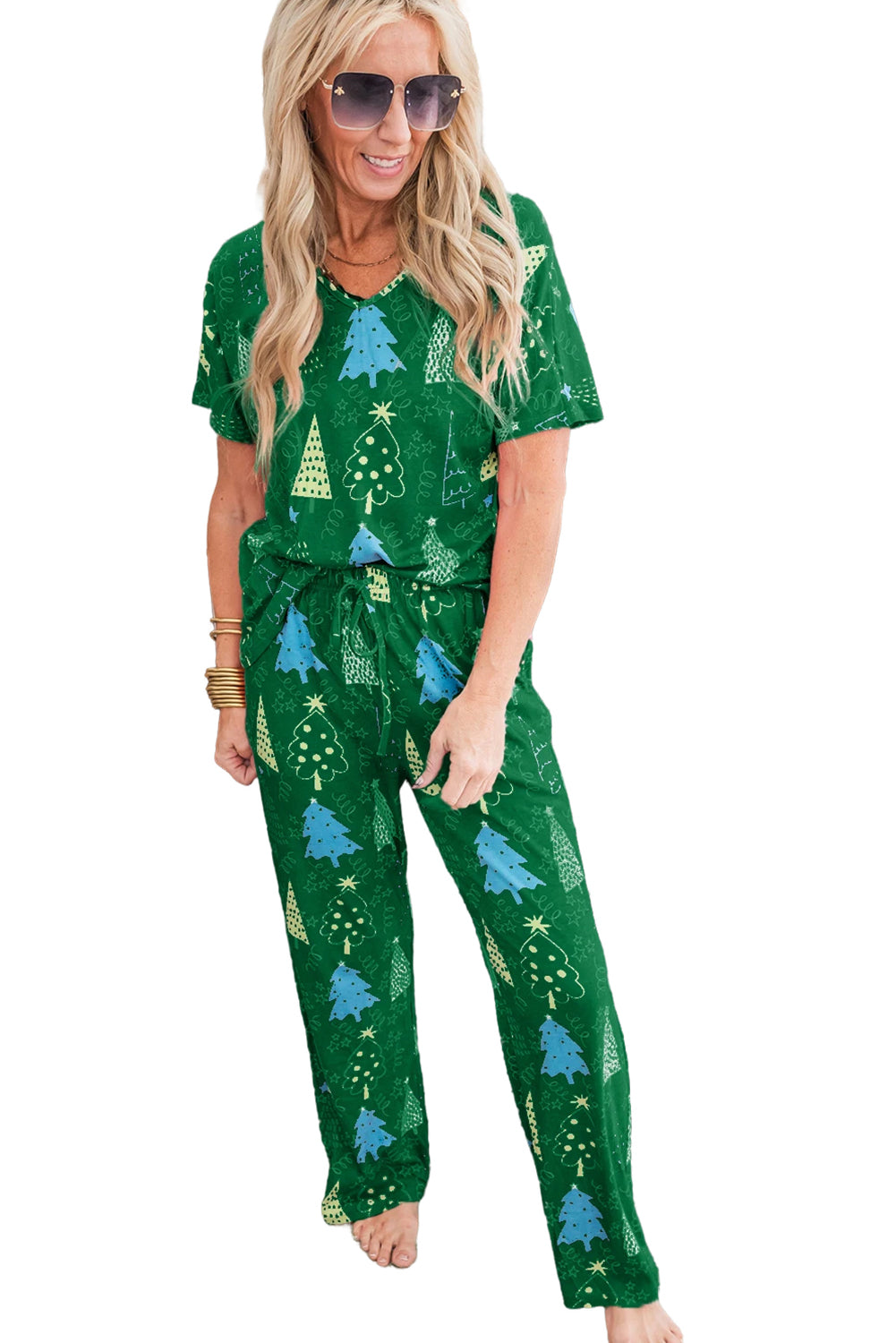 Stacey B's Green Christmas Tree Print V Neck Tee and Pants Pajama Set