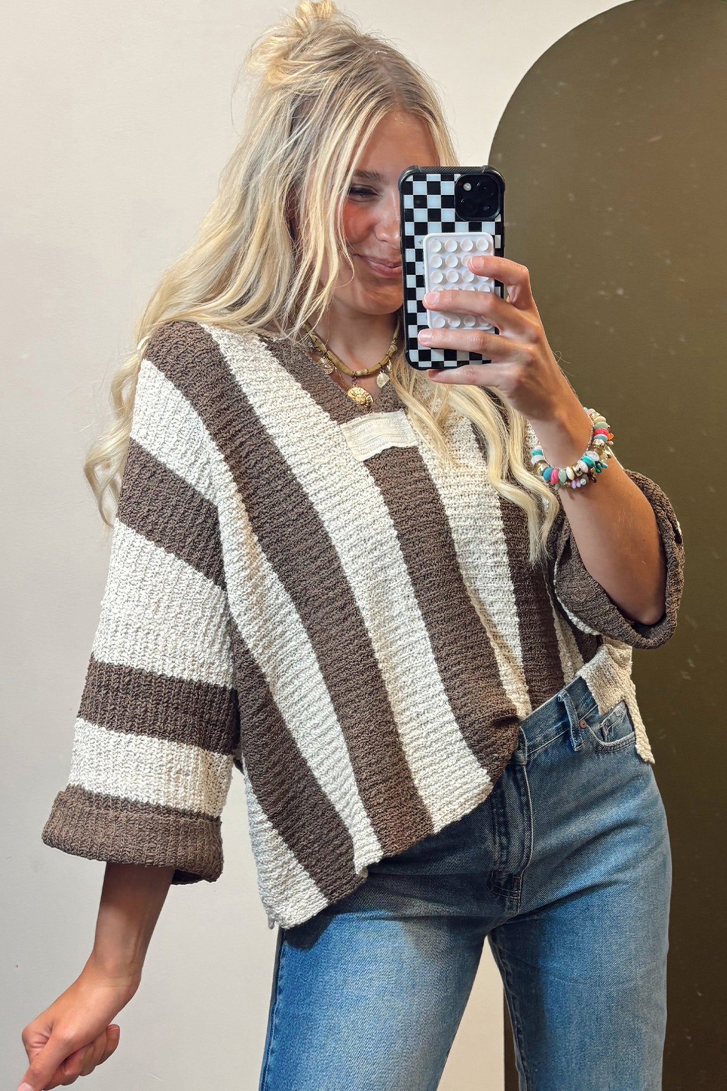 Stacey B's Brown Stripe Colorblock V Neck Bracelet Sleeve Sweater