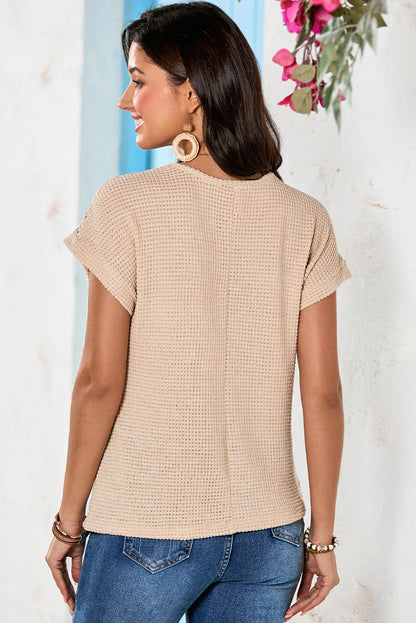 Stacey B's Oatmeal Lace Patchwork Waffle Short Sleeve Top