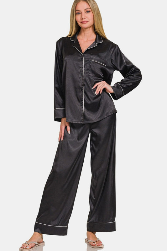 Stacey B's Zenana Satin Long Sleeve Shirt and Pants Pajama Set