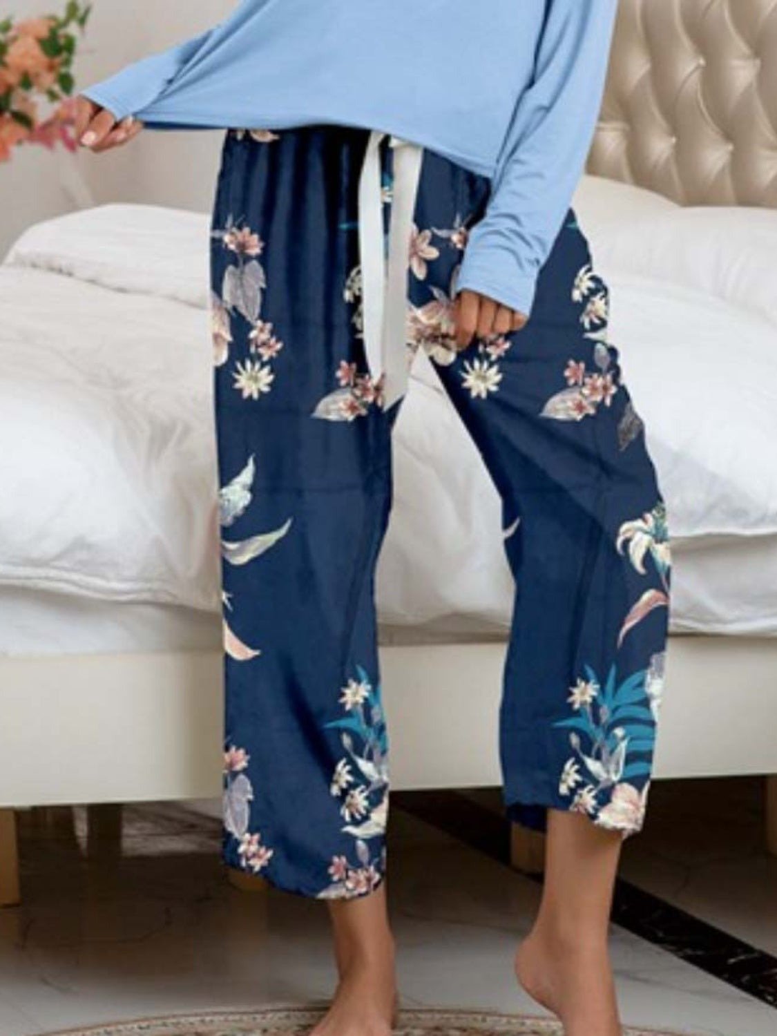 Stacey B's Round Neck Top and Printed Pants Lounge Set