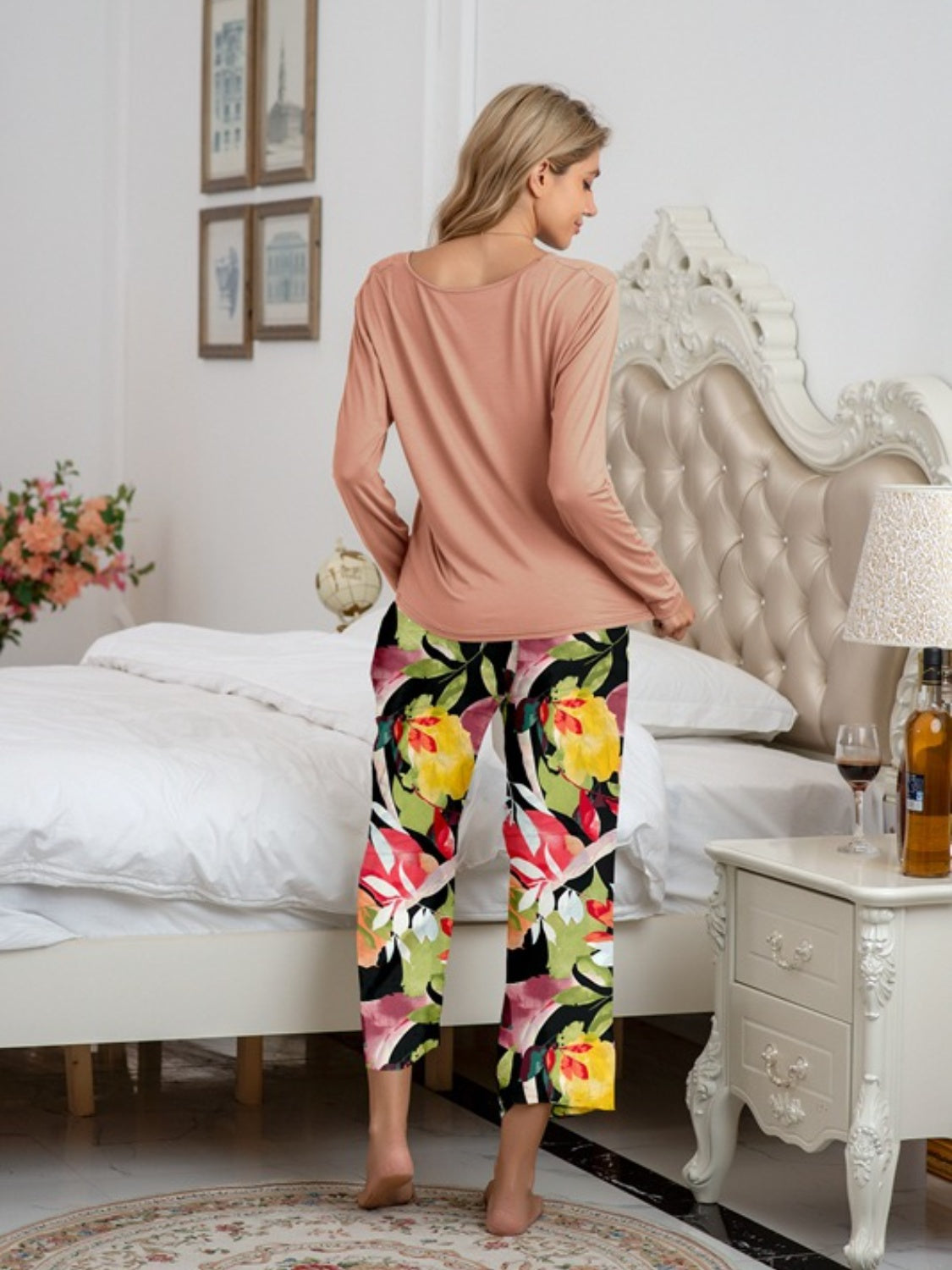 Stacey B's Round Neck Top and Printed Pants Lounge Set