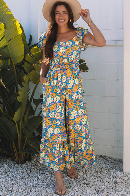Stacey B's Yellow Floral Allover Print Shirred Cut Out High Waist Jumpsuit