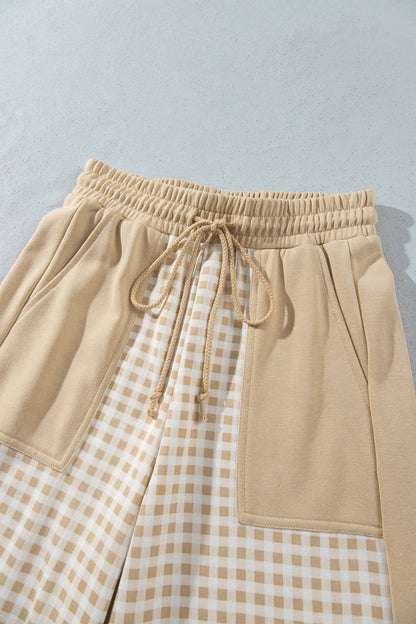 Stacey B's Brown Color Block Plaid Patchwork Long Sleeve Pullover Wide Leg Pant Set