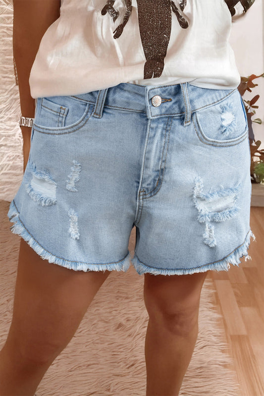 Stacey B's Beau Blue High Rise Distressed Raw Hem Denim Shorts