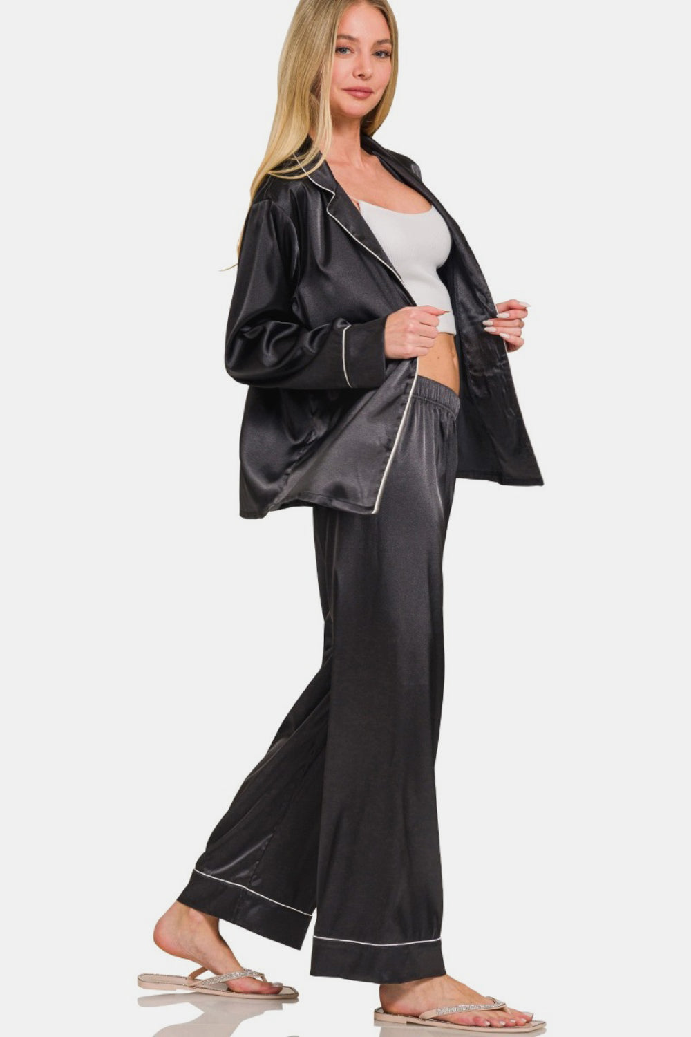 Stacey B's Zenana Satin Long Sleeve Shirt and Pants Pajama Set