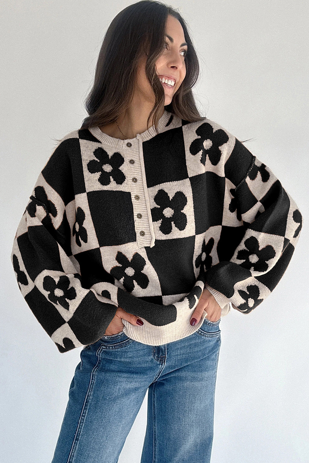 Stacey B's Black Flower Colorblock Checkered Henley Sweater
