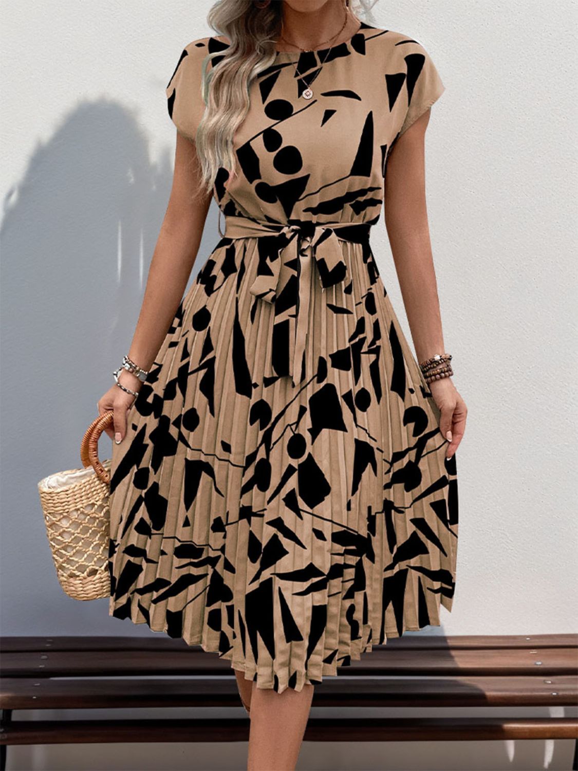 Stacey B's Tied Pleated Printed Cap Sleeve Dress