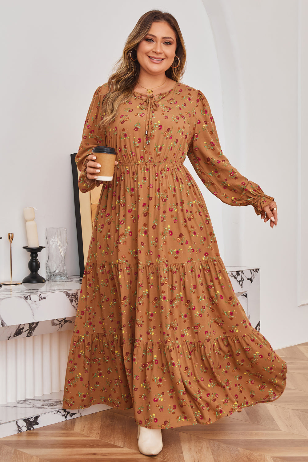 Stacey B's Brown Plus Size Floral Split V Neck Ruffled Sleeve Tiered Maxi Dress