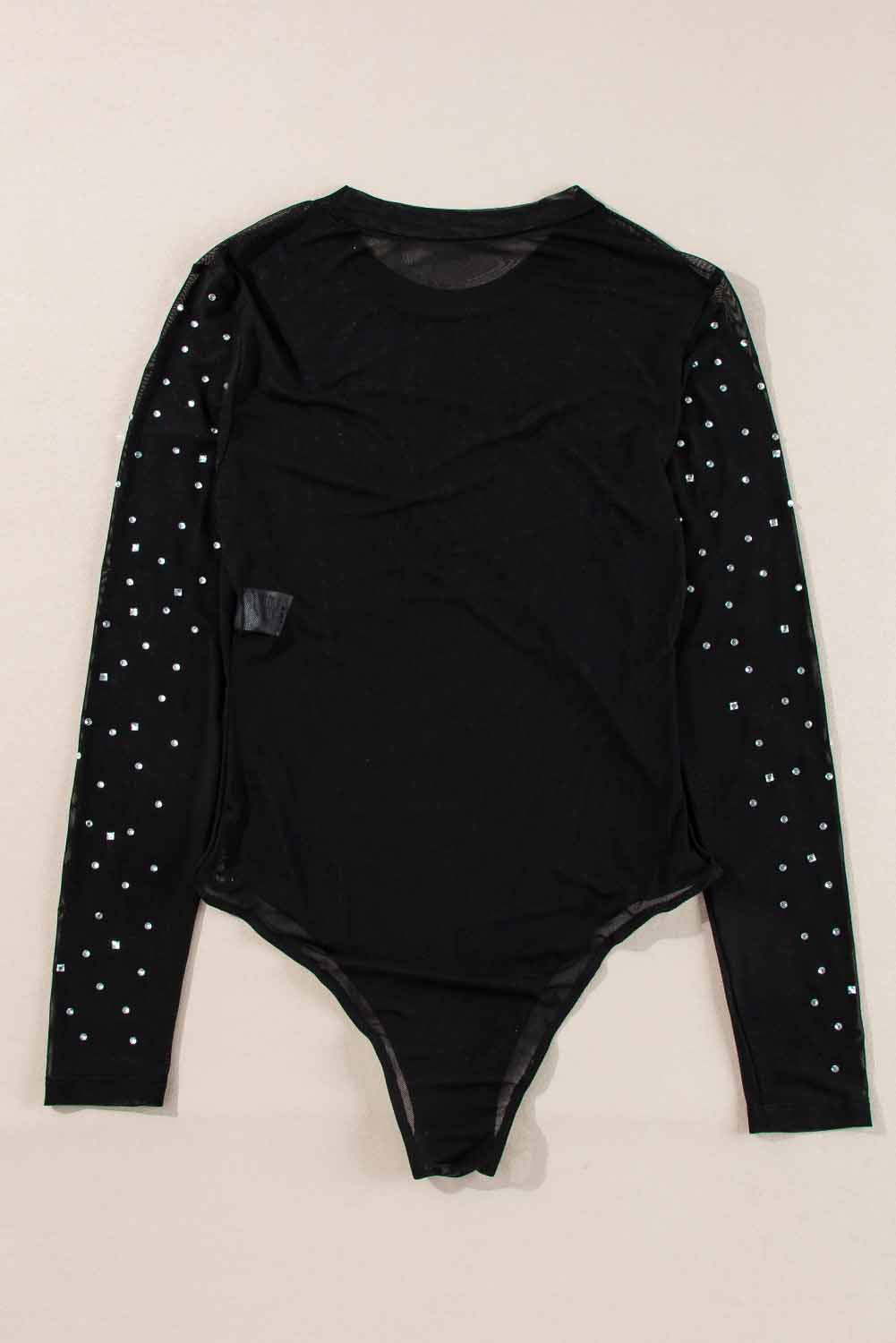 Stacey B's Black Rhinestone Sheer Mesh Slim Fit Bodysuit