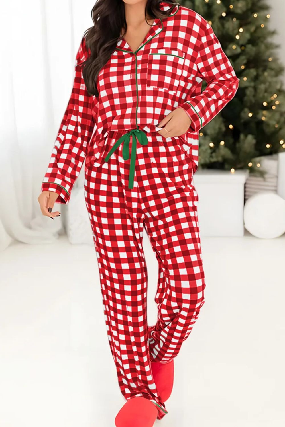 Stacey B's Contrast Piping Plaid Top and Pants Lounge Set