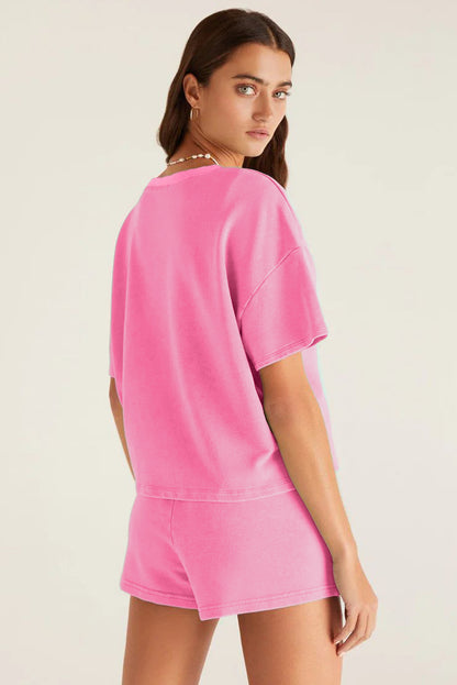 Stacey B's Myosotis V Neck Drop Shoulder Tee and Patchwork Shorts Set