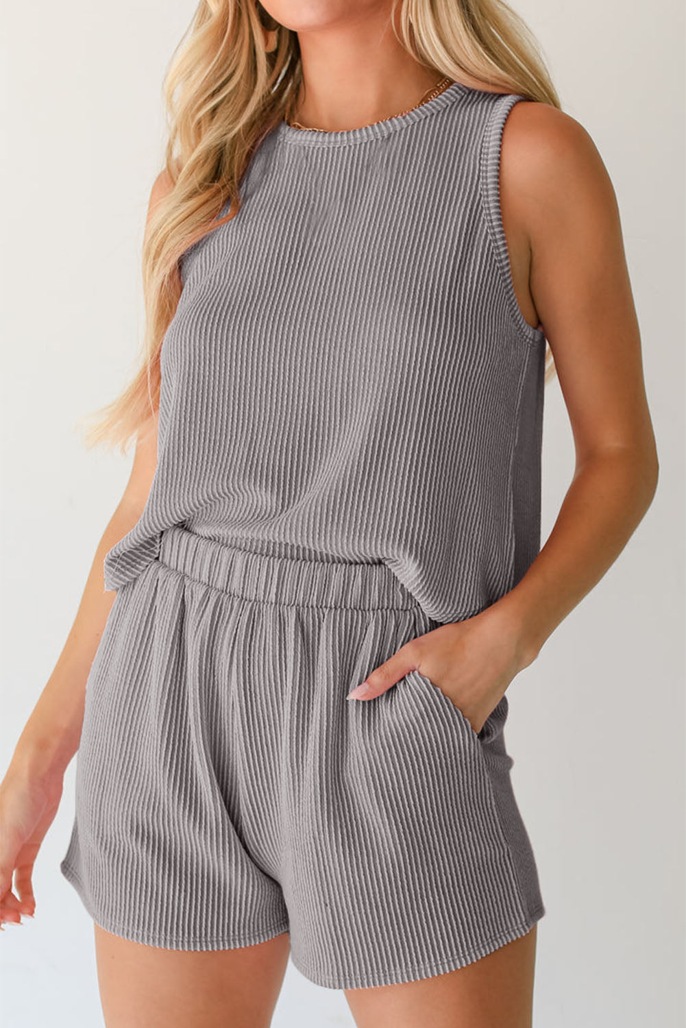 Stacey B's Smoke Gray Corded Tank Top and Pocketed Shorts Set