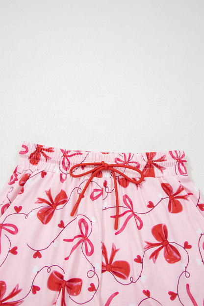 Stacey B's Red Romantic Bow Print Loose Tee Drawstring Shorts 2pcs Lounge Set
