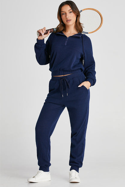 Stacey B's Navy Blue Ribbed Knit Cropped Hoodie and Drawstring Joggers Set
