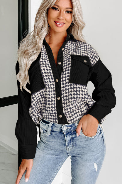 Stacey B's Black Houndstooth Corduroy Patchwork Flap Pocket Shacket