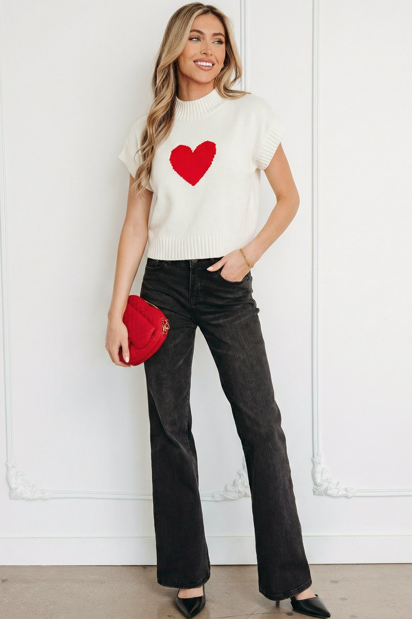 Stacey B's White Valentine Heart Graphic Cropped Short Sleeve Sweater