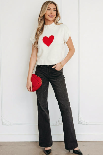 Stacey B's White Valentine Heart Graphic Cropped Short Sleeve Sweater