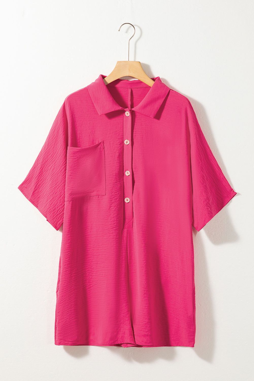 Stacey B's Bright Pink Plain Half Button Collared Pocket Loose Romper