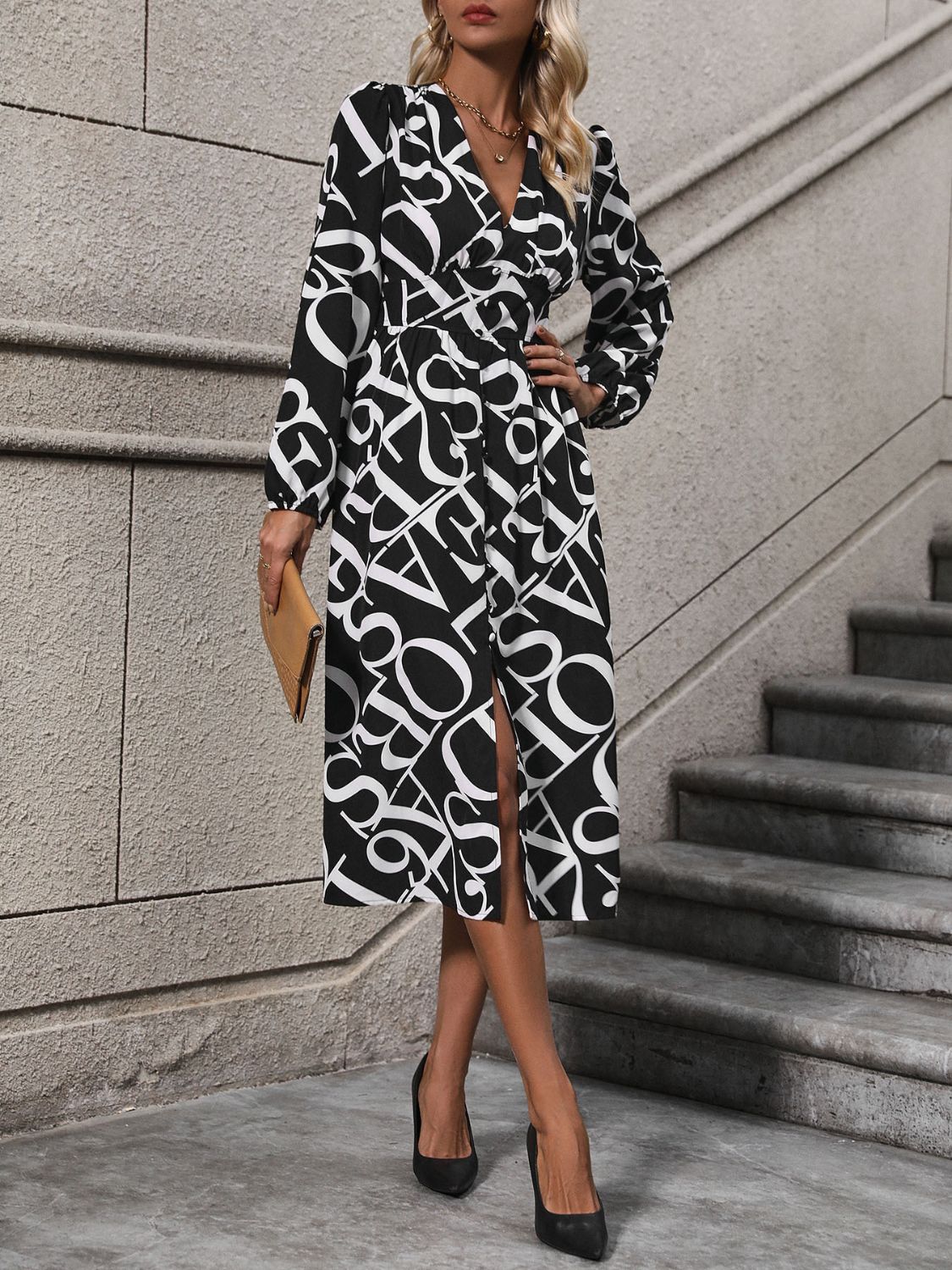 Stacey B's Printed V-Neck Long Sleeve Midi Dress