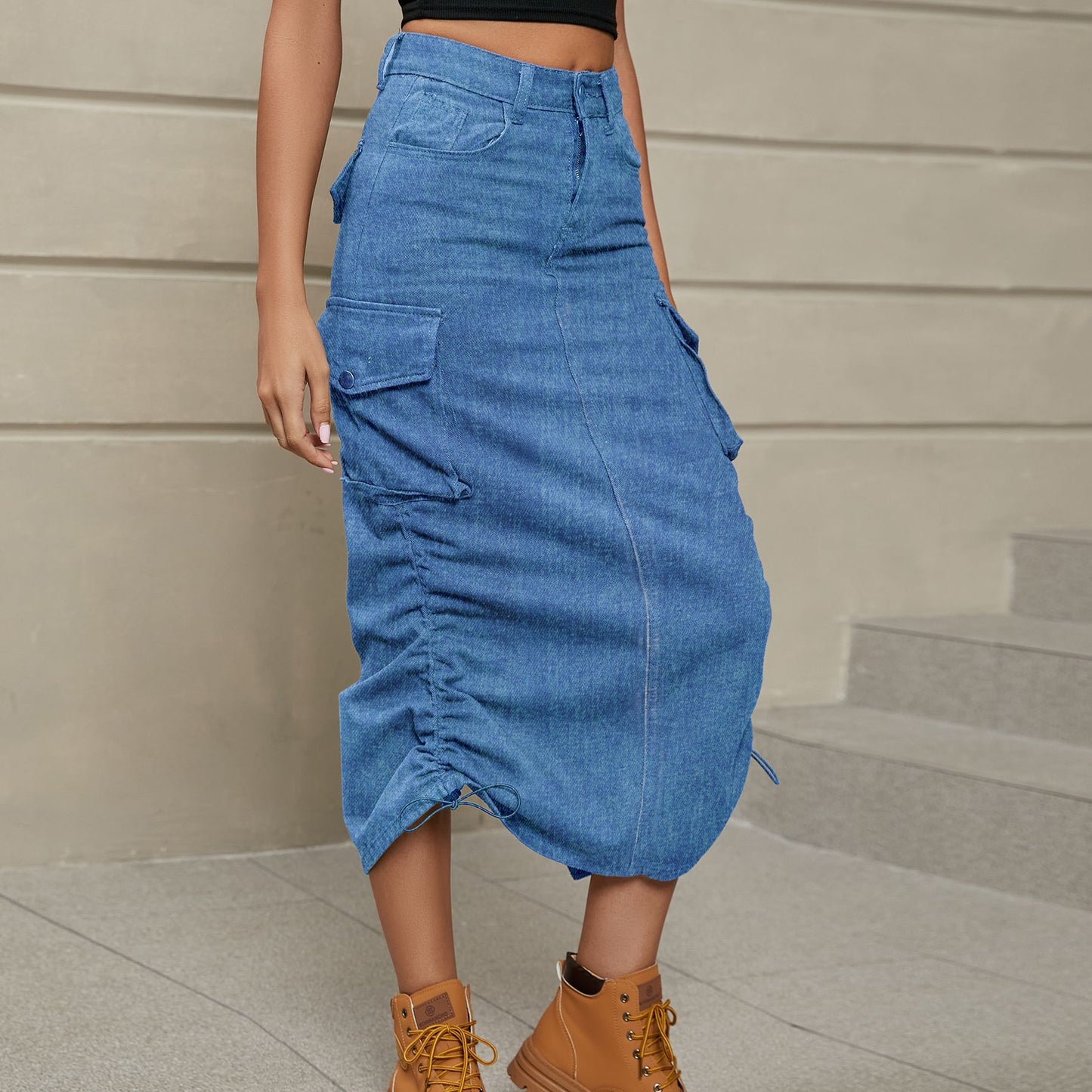 Stacey B's Drawstring Ruched Slit Denim Midi Skirt