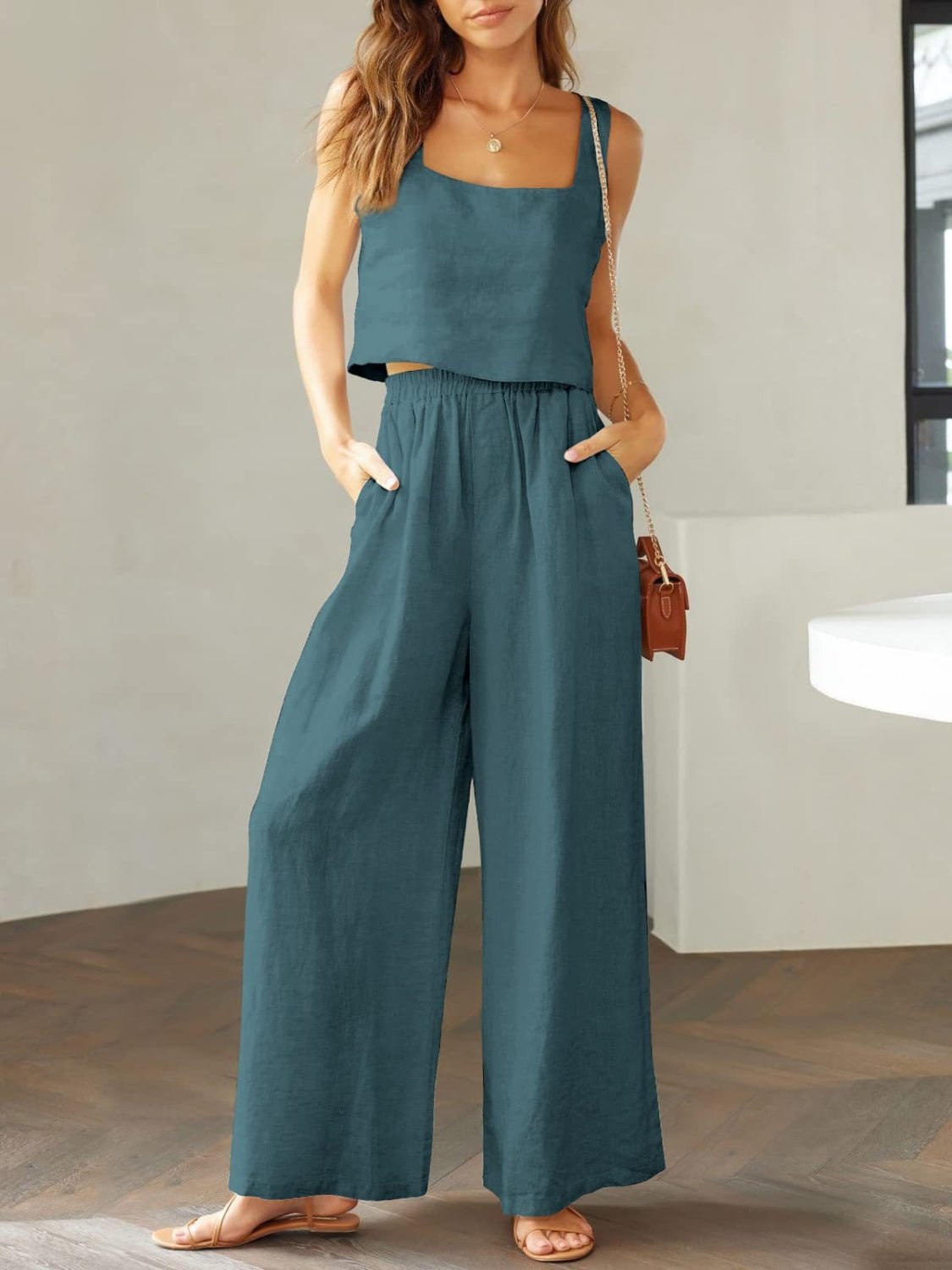 Stacey B's Square Neck Top and Wide Leg Pants Set