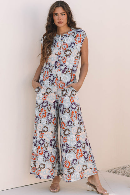 Stacey B's Sky Blue Floral Sleeveless Buttoned Pocketed Wide Leg Jumpsuit