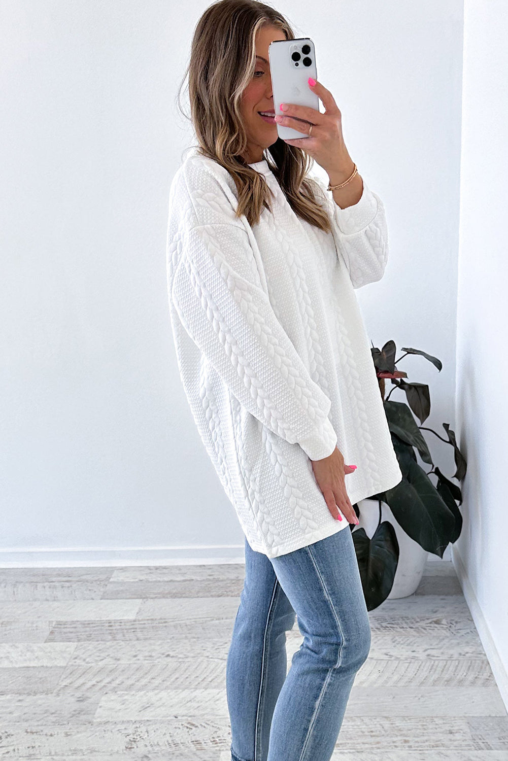 Stacey B's White Textured Loose Plus Size Long Sleeve Top