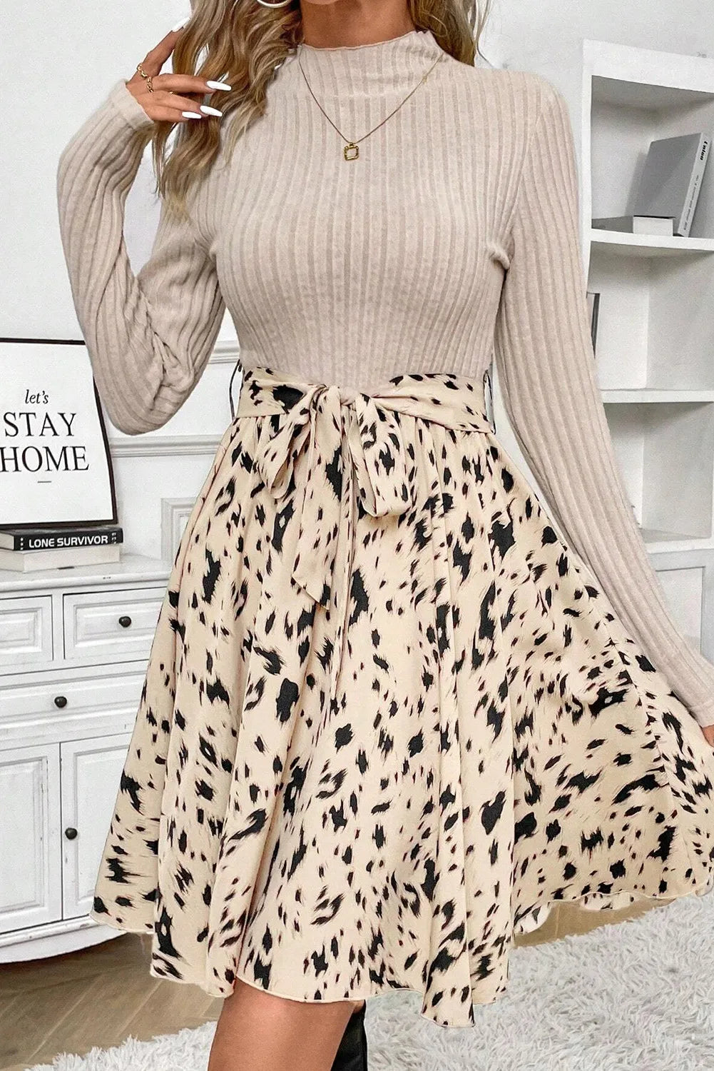 Stacey B's Tied Printed Mock Neck Long Sleeve Dress